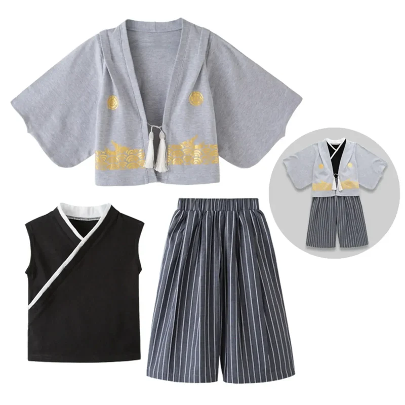 Boys' Kimono Set Traditional Jinbei Kimono For Weddings Graduations Cherry And Autumn Festivals Boys Winter Outfit