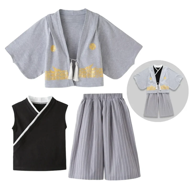 Boys' Kimono Set Traditional Jinbei Kimono For Weddings Graduations Cherry And Autumn Festivals Boys Winter Outfit