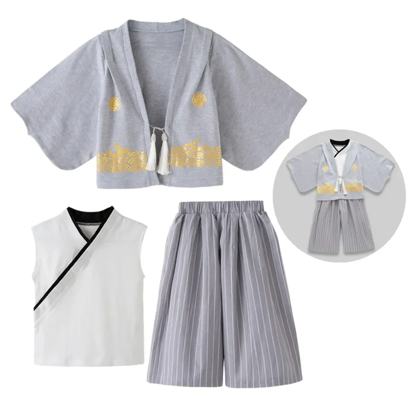 Boys' Kimono Set Traditional Jinbei Kimono For Weddings Graduations Cherry And Autumn Festivals Boys Winter Outfit