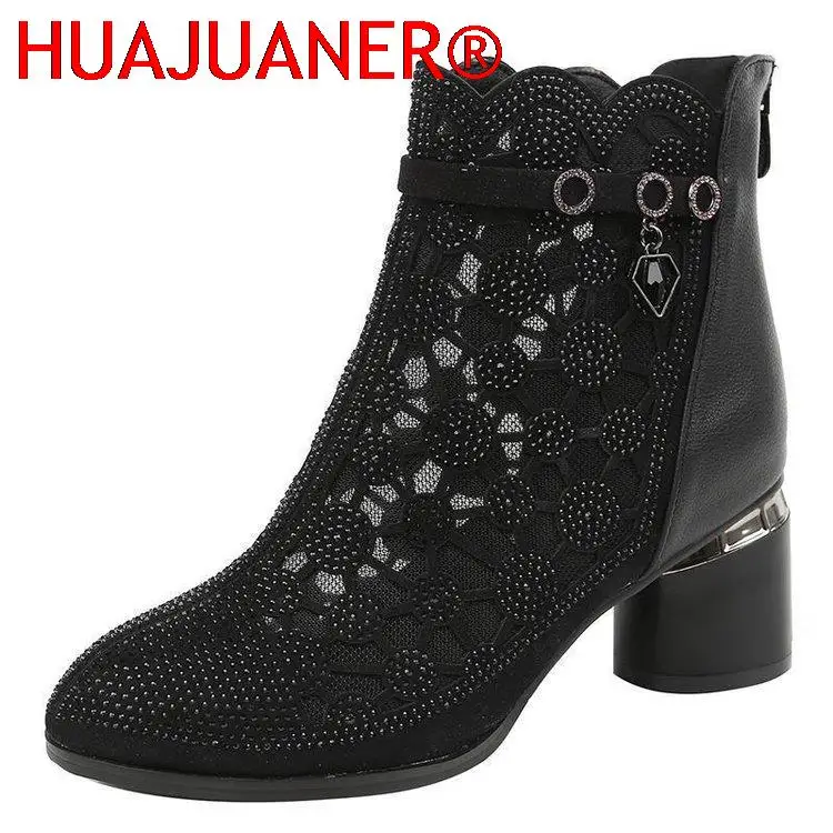 2025 Spring Summer Fashion Rhinestones Gauze Sandals Thick Heels Mesh Autumn Ankle Boots Female Hollow Women's Shoes