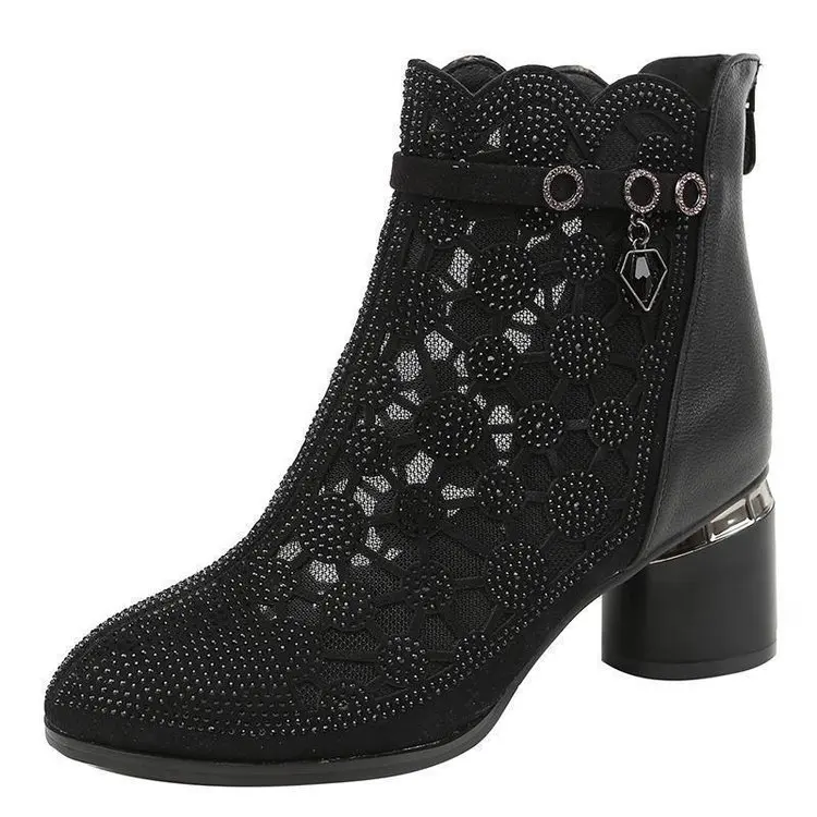 2025 Spring Summer Fashion Rhinestones Gauze Sandals Thick Heels Mesh Autumn Ankle Boots Female Hollow Women's Shoes