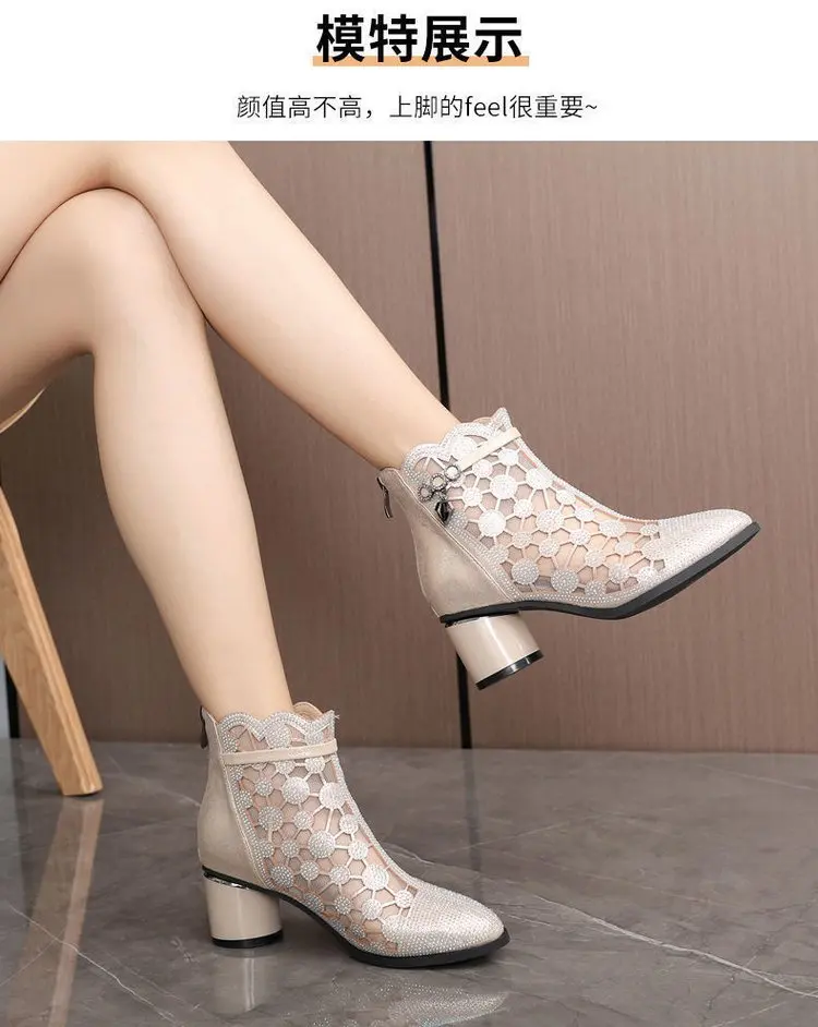2025 Spring Summer Fashion Rhinestones Gauze Sandals Thick Heels Mesh Autumn Ankle Boots Female Hollow Women's Shoes