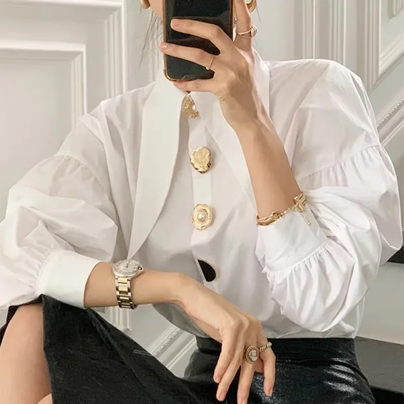 2025 Autumn Long Sleeve Women Shirt Fashion Spring Lanter Sleeve Blouses Office Lady Elegant Tops Casual Loose Clothing