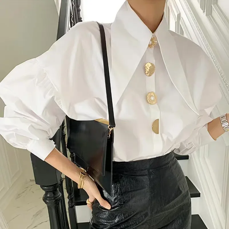 2025 Autumn Long Sleeve Women Shirt Fashion Spring Lanter Sleeve Blouses Office Lady Elegant Tops Casual Loose Clothing
