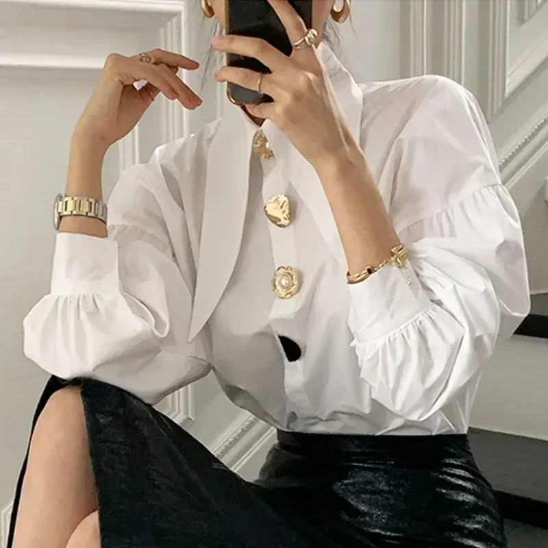 2025 Autumn Long Sleeve Women Shirt Fashion Spring Lanter Sleeve Blouses Office Lady Elegant Tops Casual Loose Clothing
