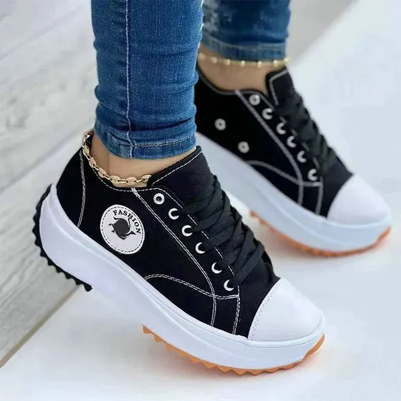 Women Patterned Canvas Sneakers Women's Casual Shoes 2025 Spring Autumn Flat Lace-up Shoes Zapatillas Mujer Chaussure Femme