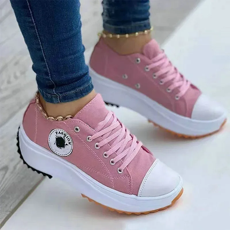 Women Patterned Canvas Sneakers Women's Casual Shoes 2025 Spring Autumn Flat Lace-up Shoes Zapatillas Mujer Chaussure Femme