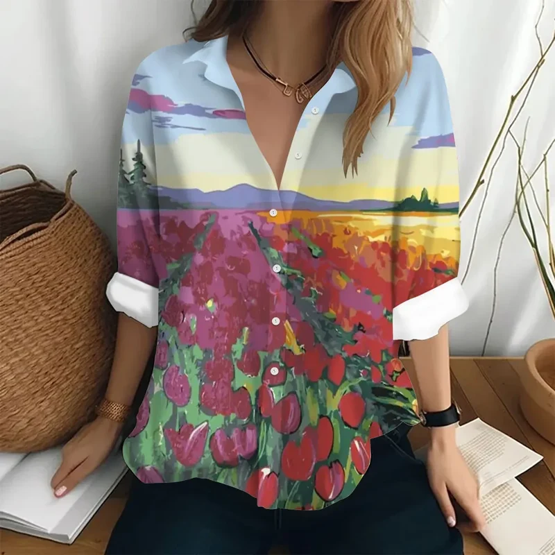 Autumn Women's Shirt Fashion Long Sleeve T-shirt Figure Print Loose Button Fashion Top Women's Polo Neck Long Sleeve T-shirt