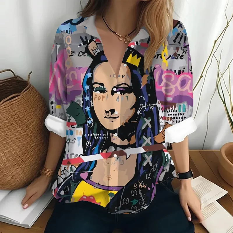 Autumn Women's Shirt Fashion Long Sleeve T-shirt Figure Print Loose Button Fashion Top Women's Polo Neck Long Sleeve T-shirt