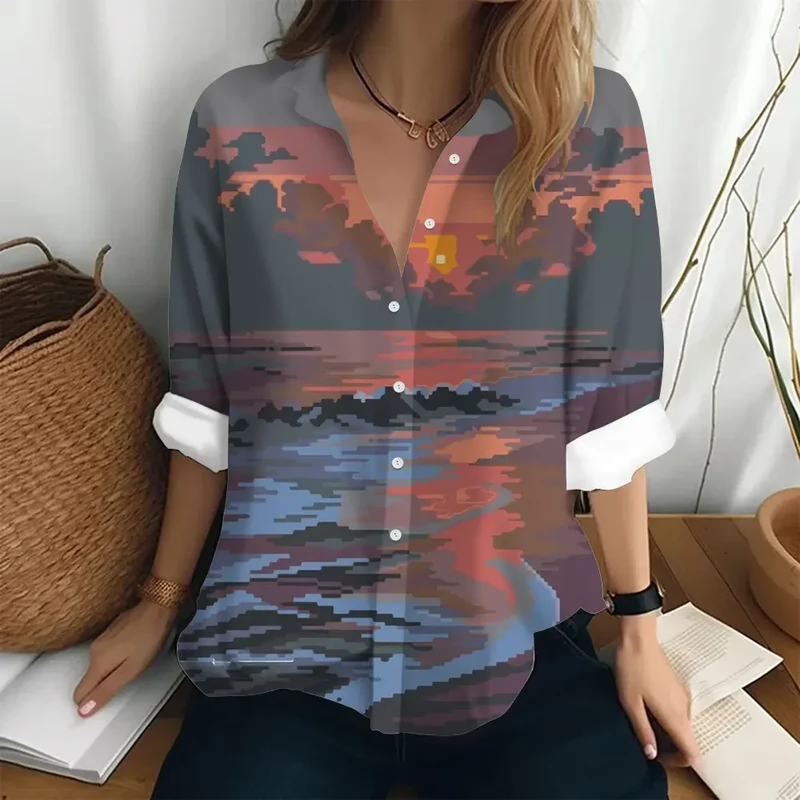 Autumn Women's Shirt Fashion Long Sleeve T-shirt Figure Print Loose Button Fashion Top Women's Polo Neck Long Sleeve T-shirt