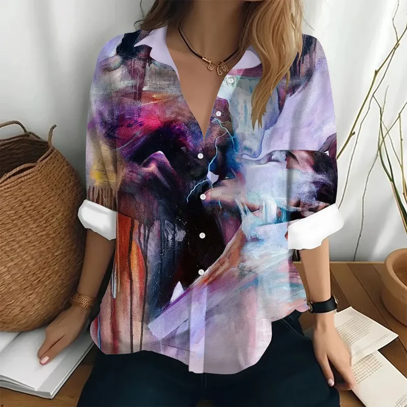 Autumn Women's Shirt Fashion Long Sleeve T-shirt Figure Print Loose Button Fashion Top Women's Polo Neck Long Sleeve T-shirt