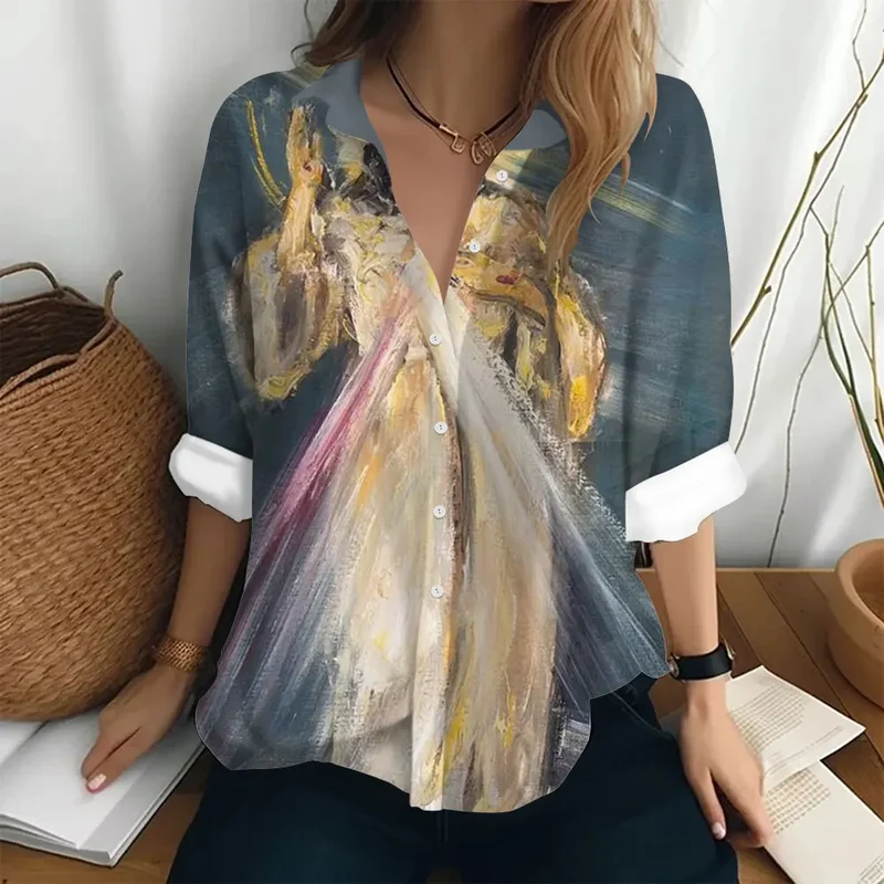 Autumn Women's Shirt Fashion Long Sleeve T-shirt Figure Print Loose Button Fashion Top Women's Polo Neck Long Sleeve T-shirt