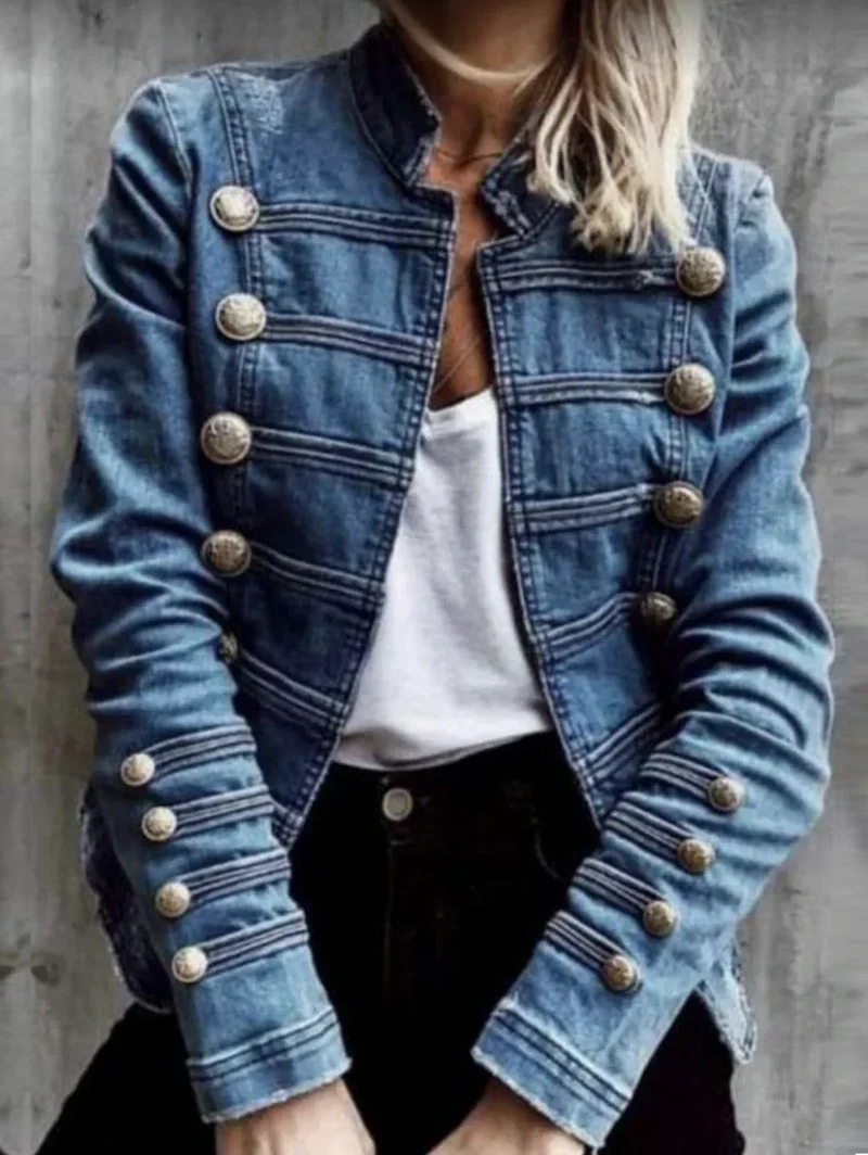 Women's Denim Jackets Autumn Winter Button Vintage Stand Collar Long Sleeve Streetwear Denim Coat Fashion Outerwear 2024