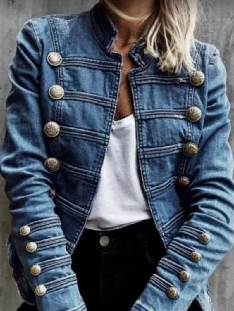 Women's Denim Jackets Autumn Winter Button Vintage Stand Collar Long Sleeve Streetwear Denim Coat Fashion Outerwear 2024