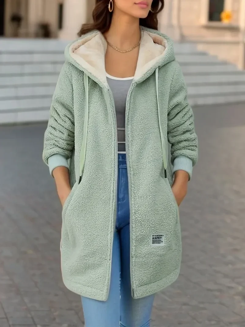 Autumn Winter Thickened Fleece-lined Sweatshirt Women's Hooded Top Cardigan Mid-length Trendy New Style Lamb Wool Jacket