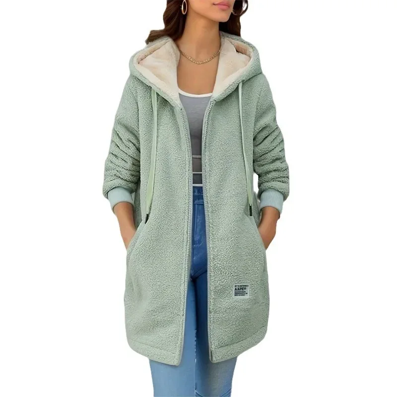 Autumn Winter Thickened Fleece-lined Sweatshirt Women's Hooded Top Cardigan Mid-length Trendy New Style Lamb Wool Jacket