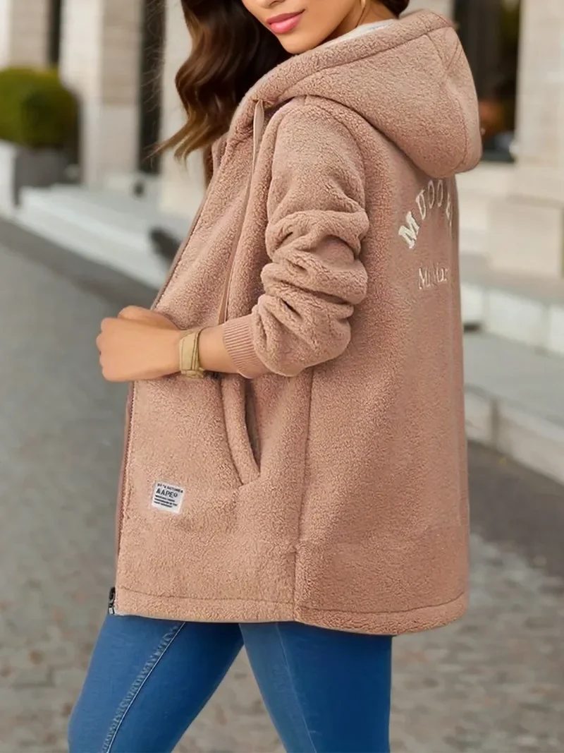 Autumn Winter Thickened Fleece-lined Sweatshirt Women's Hooded Top Cardigan Mid-length Trendy New Style Lamb Wool Jacket