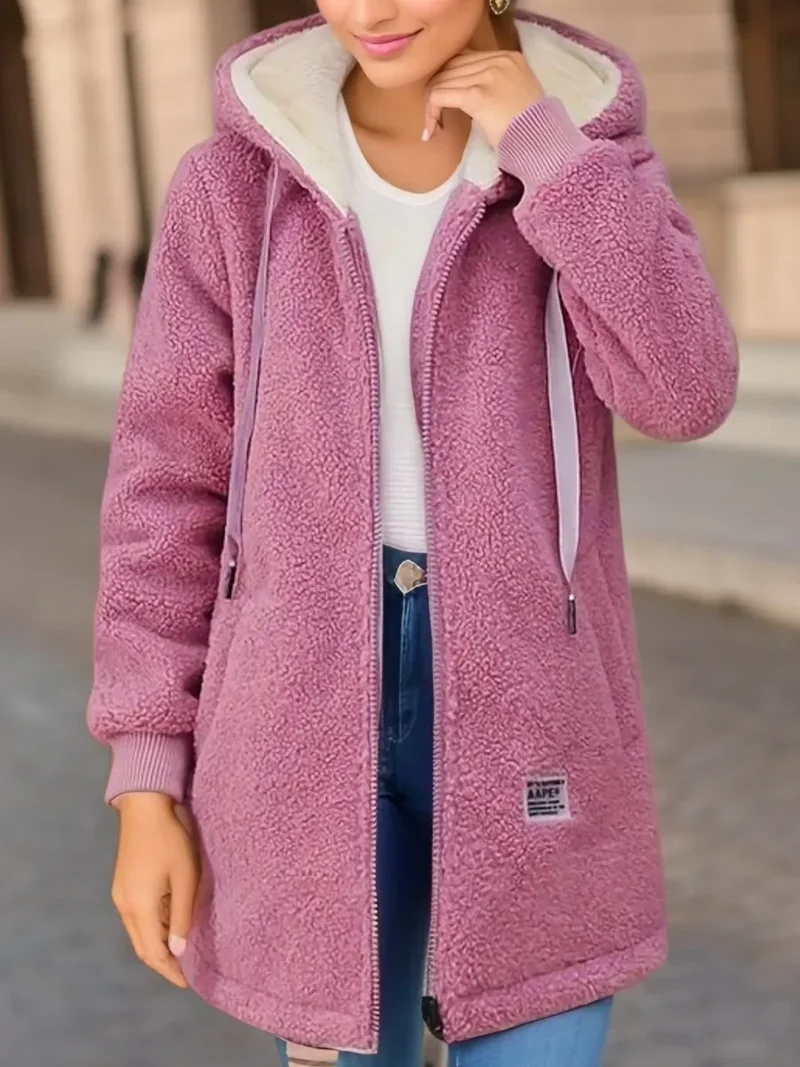 Autumn Winter Thickened Fleece-lined Sweatshirt Women's Hooded Top Cardigan Mid-length Trendy New Style Lamb Wool Jacket