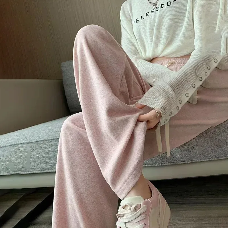 Autumn Winter Plush Pants Women Soft Straight Tube Flared Pants High Elasticity Waist Casual Fashion Knited Woolen Pants