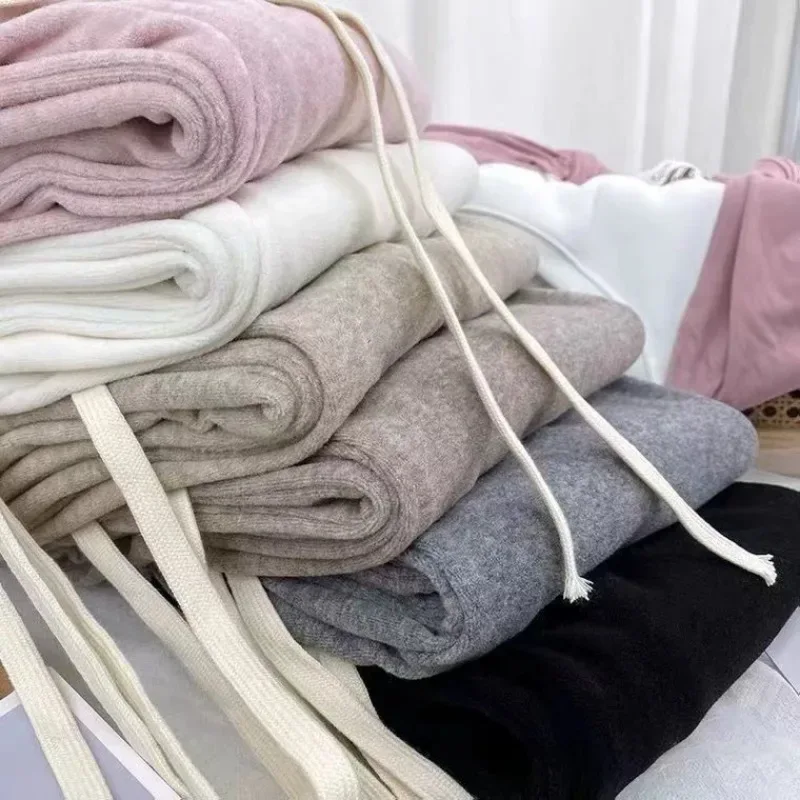 Autumn Winter Plush Pants Women Soft Straight Tube Flared Pants High Elasticity Waist Casual Fashion Knited Woolen Pants