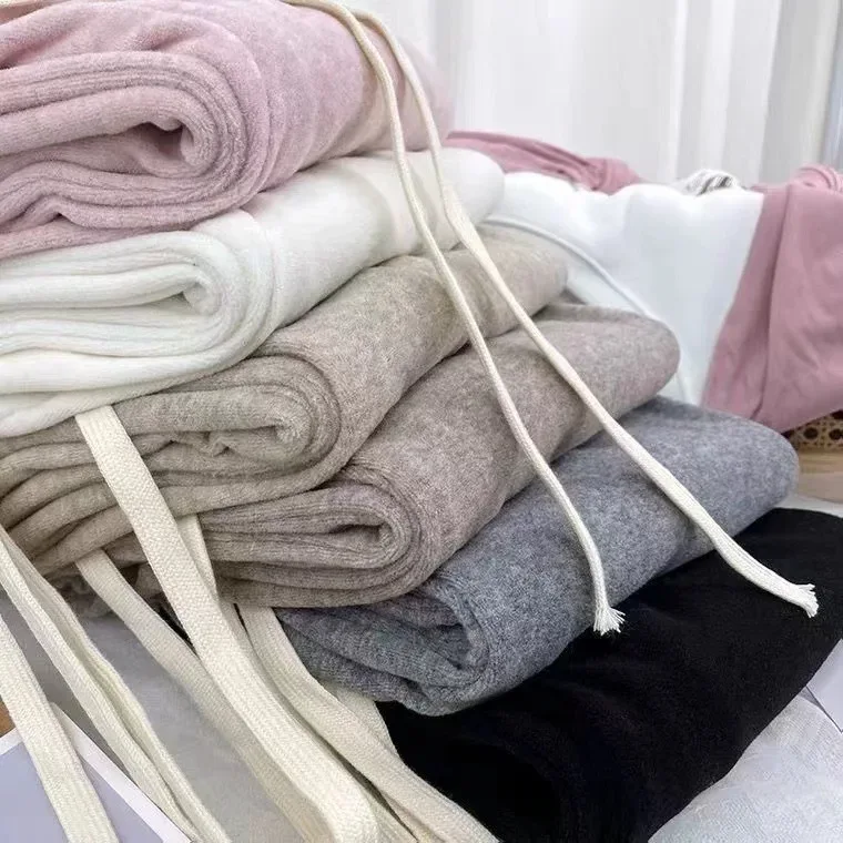 Autumn Winter Plush Pants Women Soft Straight Tube Flared Pants High Elasticity Waist Casual Fashion Knited Woolen Pants