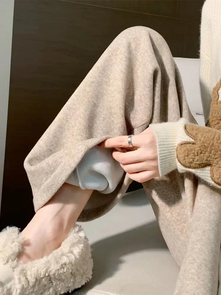 Autumn Winter Plush Pants Women Soft Straight Tube Flared Pants High Elasticity Waist Casual Fashion Knited Woolen Pants