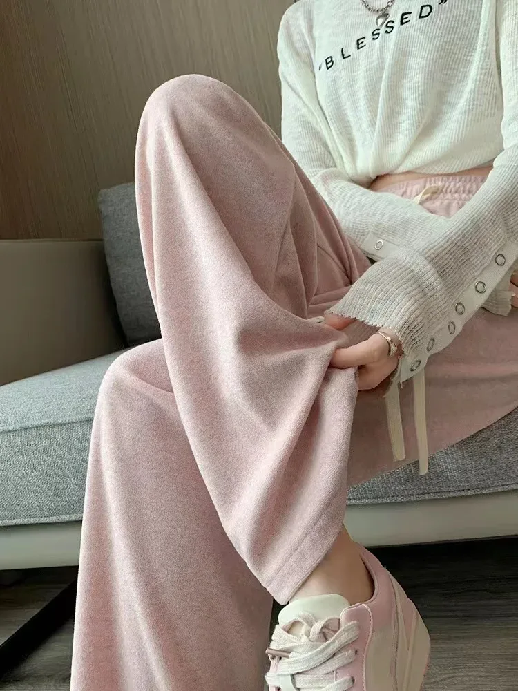 Autumn Winter Plush Pants Women Soft Straight Tube Flared Pants High Elasticity Waist Casual Fashion Knited Woolen Pants