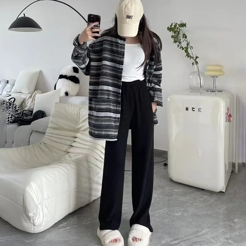 Autumn Winter Plush Pants Women Soft Straight Tube Flared Pants High Elasticity Waist Casual Fashion Knited Woolen Pants
