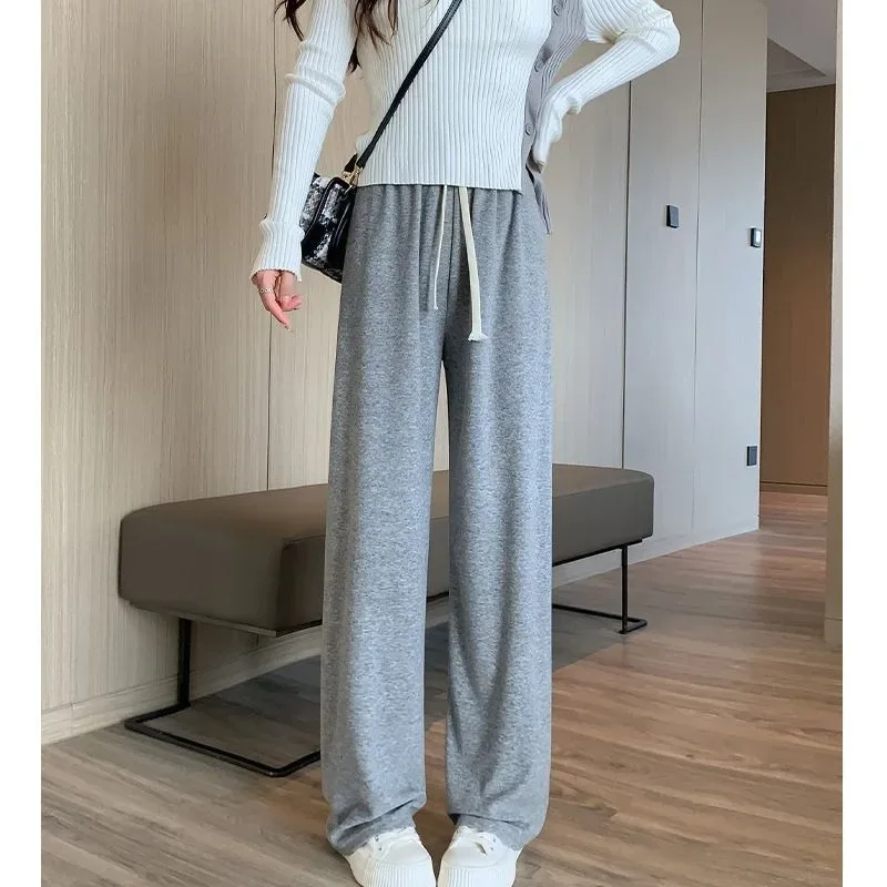 Autumn Winter Plush Pants Women Soft Straight Tube Flared Pants High Elasticity Waist Casual Fashion Knited Woolen Pants