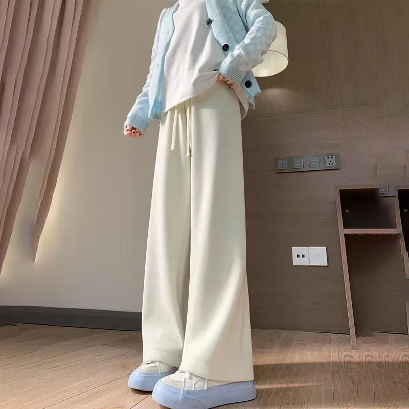 Autumn Winter Plush Pants Women Soft Straight Tube Flared Pants High Elasticity Waist Casual Fashion Knited Woolen Pants