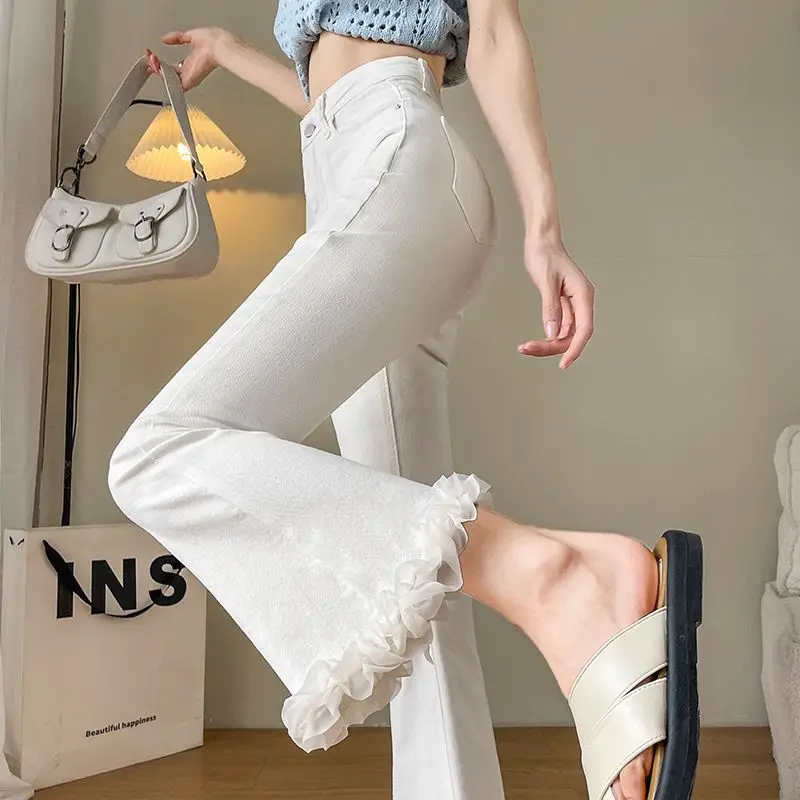 White Lace Spliced Trousers with Slightly Flared Imitation Jeans Women Autumn American Retro Small 8/9-point Flared Trousers
