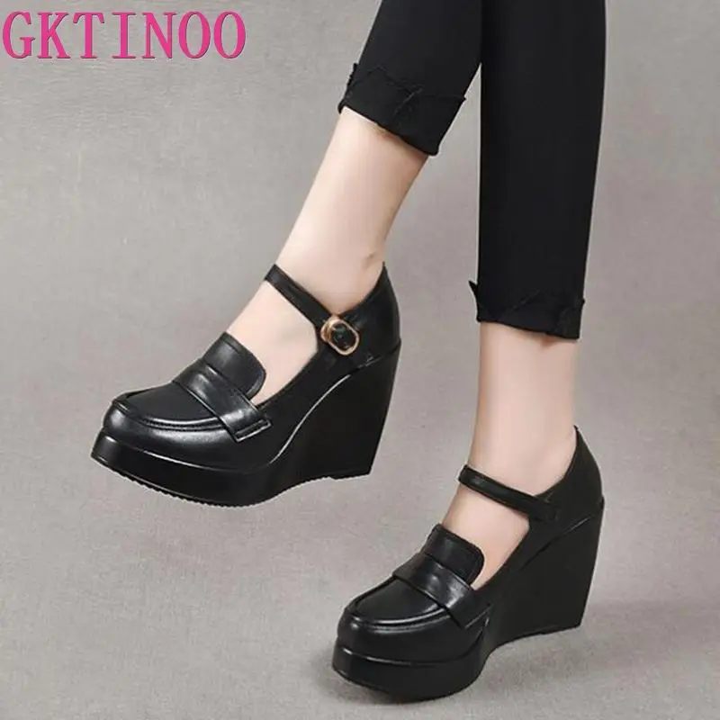 GKTINOO 2025 Wedges Women Shoe Spring Autumn Slip-On High Heels Round Toe Genuine Leather Casual Ladies Platform Shoes Woman