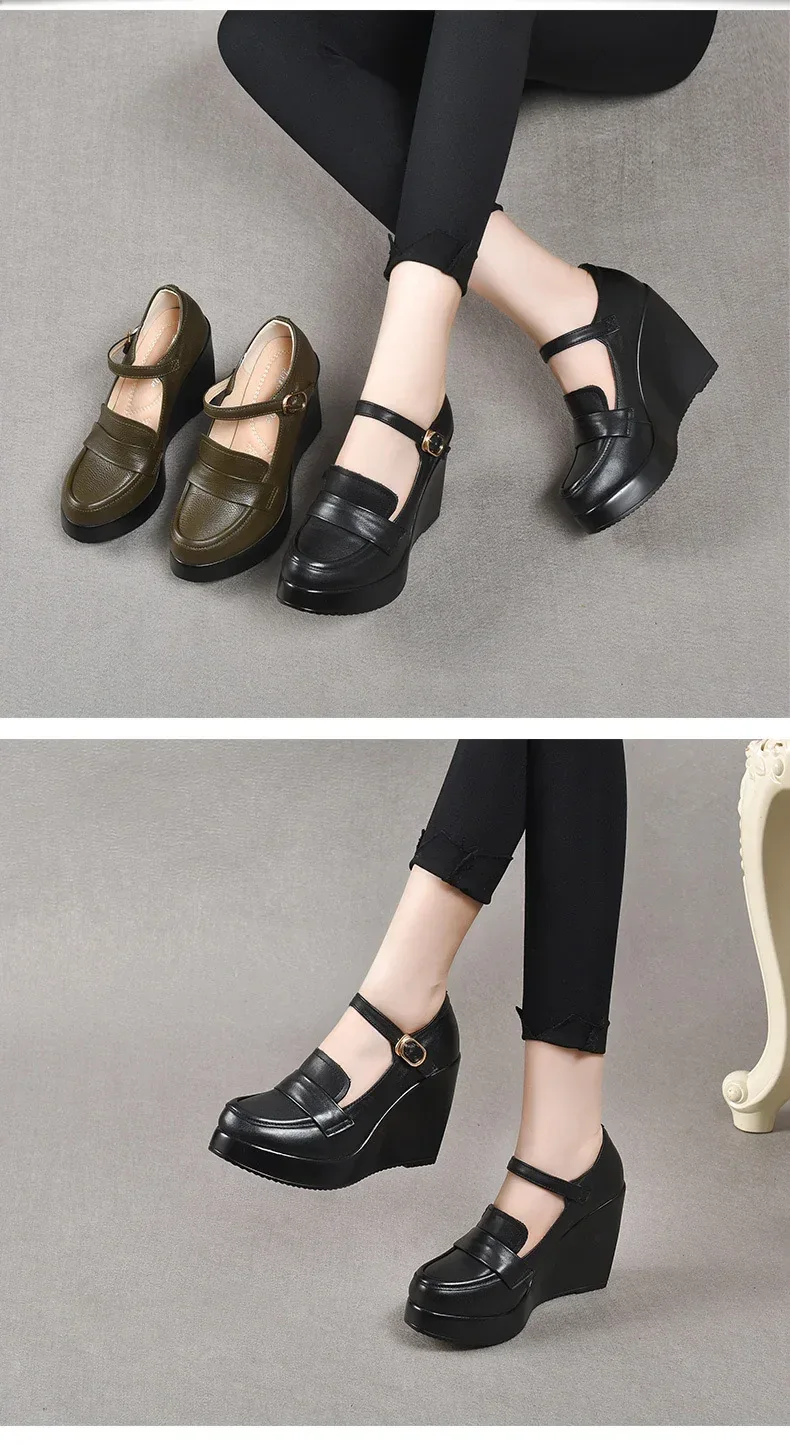 GKTINOO 2025 Wedges Women Shoe Spring Autumn Slip-On High Heels Round Toe Genuine Leather Casual Ladies Platform Shoes Woman