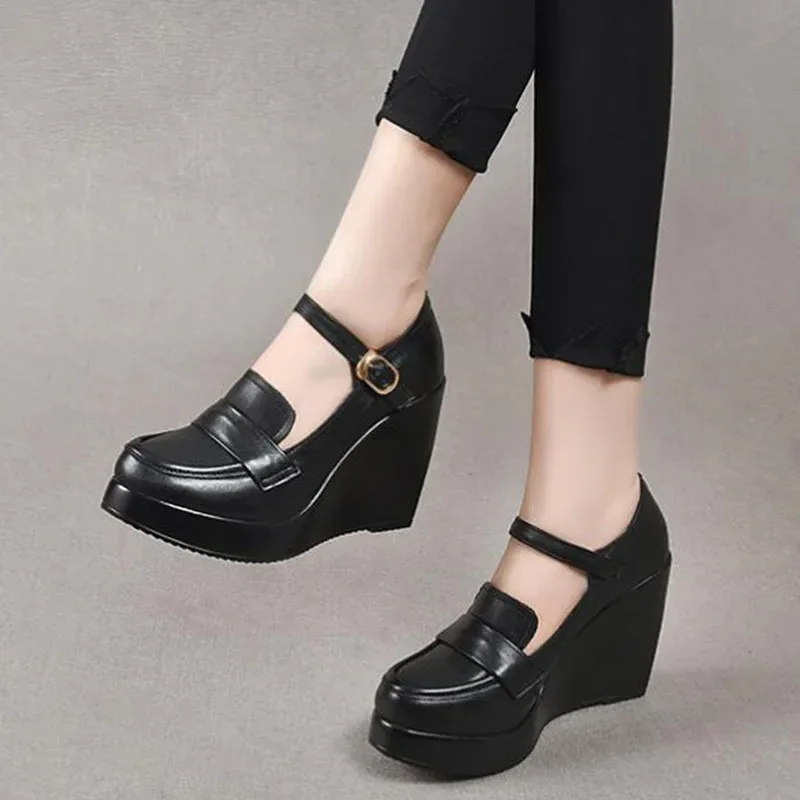 GKTINOO 2025 Wedges Women Shoe Spring Autumn Slip-On High Heels Round Toe Genuine Leather Casual Ladies Platform Shoes Woman
