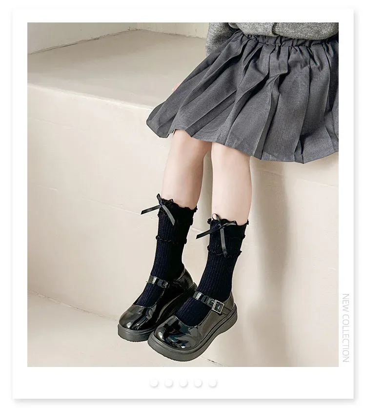 Korean Fashion Lace Lolita Calf Sock for Kids Girl Beige Black Color Ruffle Bow Children Calf Sock Spring Autumn Cotton Sock