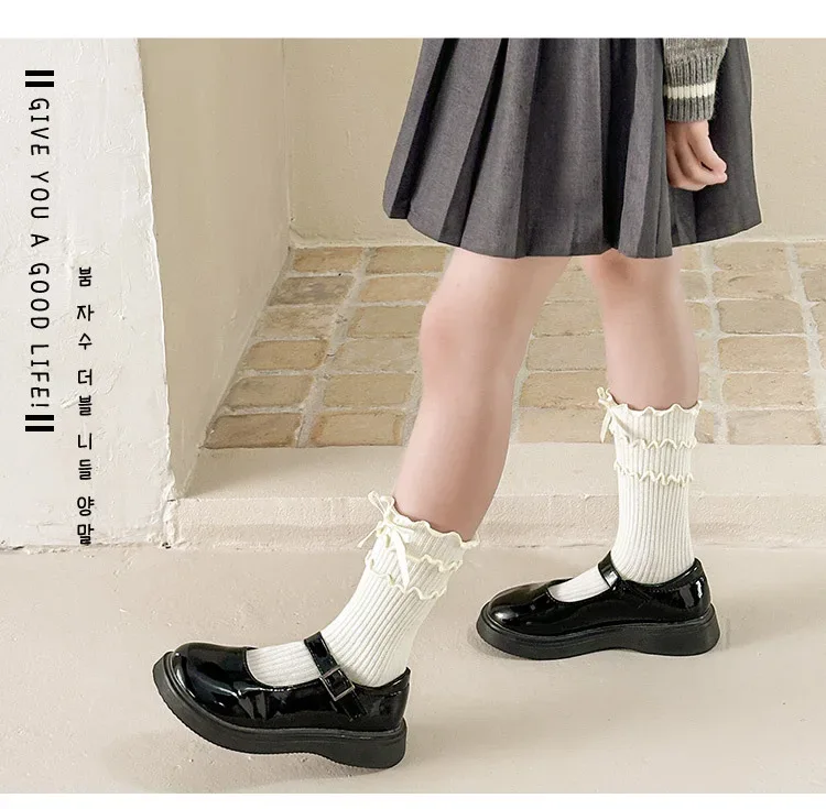 Korean Fashion Lace Lolita Calf Sock for Kids Girl Beige Black Color Ruffle Bow Children Calf Sock Spring Autumn Cotton Sock