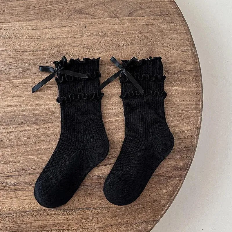 Korean Fashion Lace Lolita Calf Sock for Kids Girl Beige Black Color Ruffle Bow Children Calf Sock Spring Autumn Cotton Sock