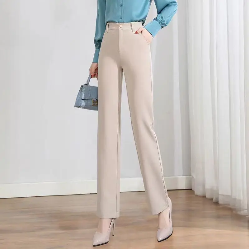 Office Lady Fashion Solid Loose Straight Pants All-match Button Zipper Women Spring Autumn High Waist Pockets Pencil Trousers