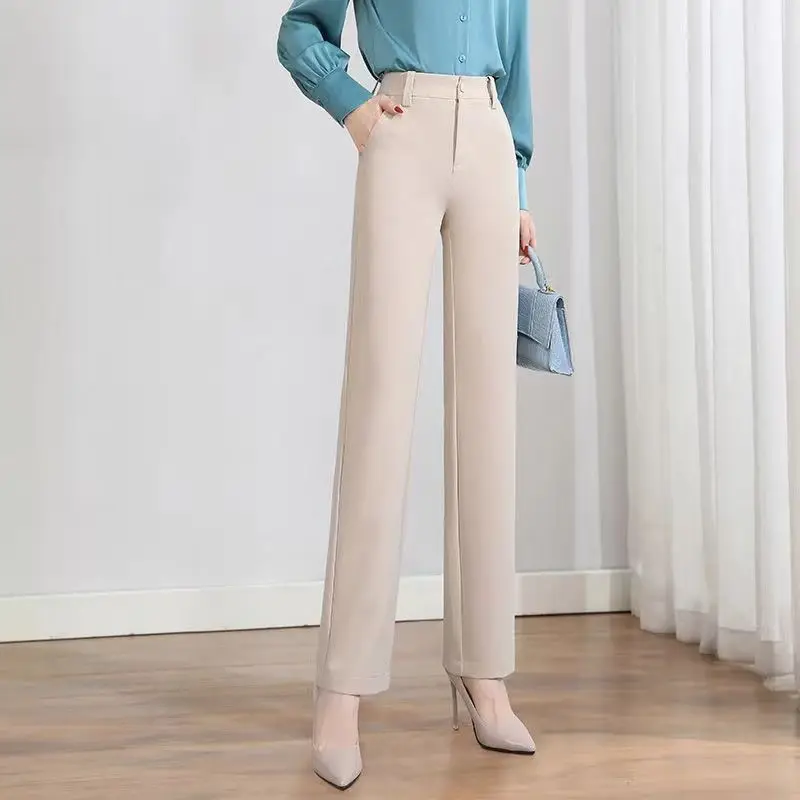 Office Lady Fashion Solid Loose Straight Pants All-match Button Zipper Women Spring Autumn High Waist Pockets Pencil Trousers