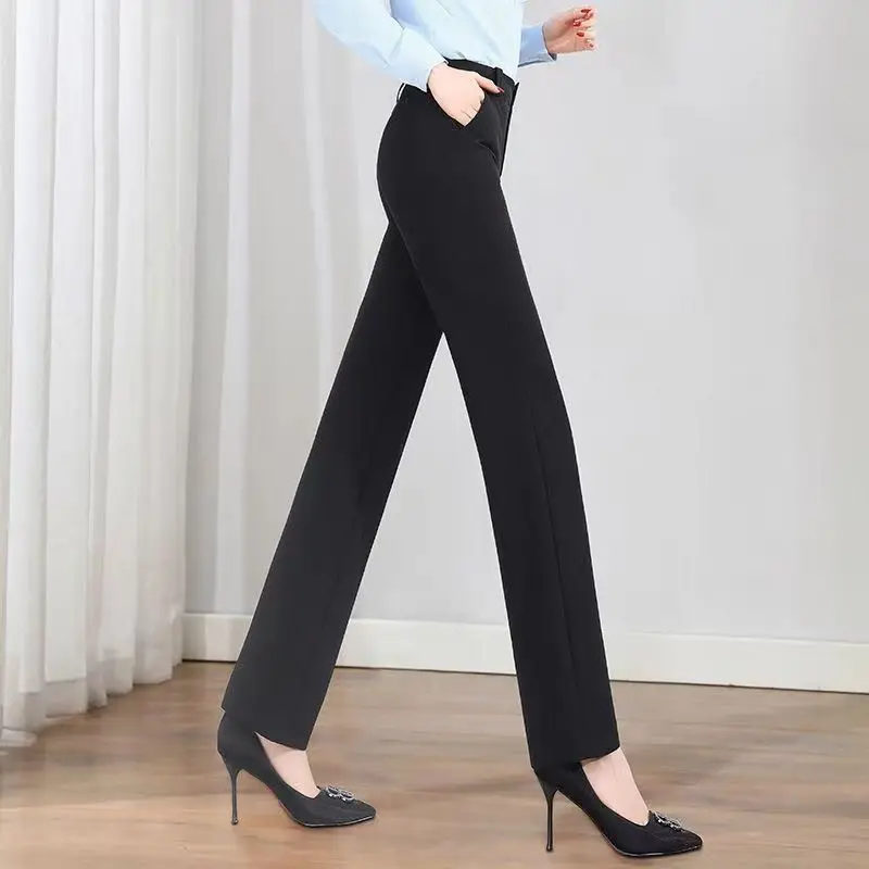 Office Lady Fashion Solid Loose Straight Pants All-match Button Zipper Women Spring Autumn High Waist Pockets Pencil Trousers