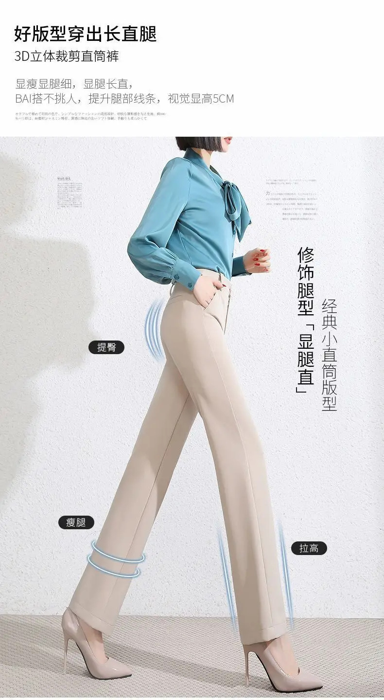 Office Lady Fashion Solid Loose Straight Pants All-match Button Zipper Women Spring Autumn High Waist Pockets Pencil Trousers