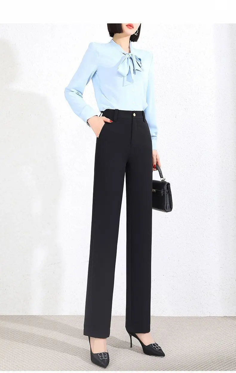 Office Lady Fashion Solid Loose Straight Pants All-match Button Zipper Women Spring Autumn High Waist Pockets Pencil Trousers