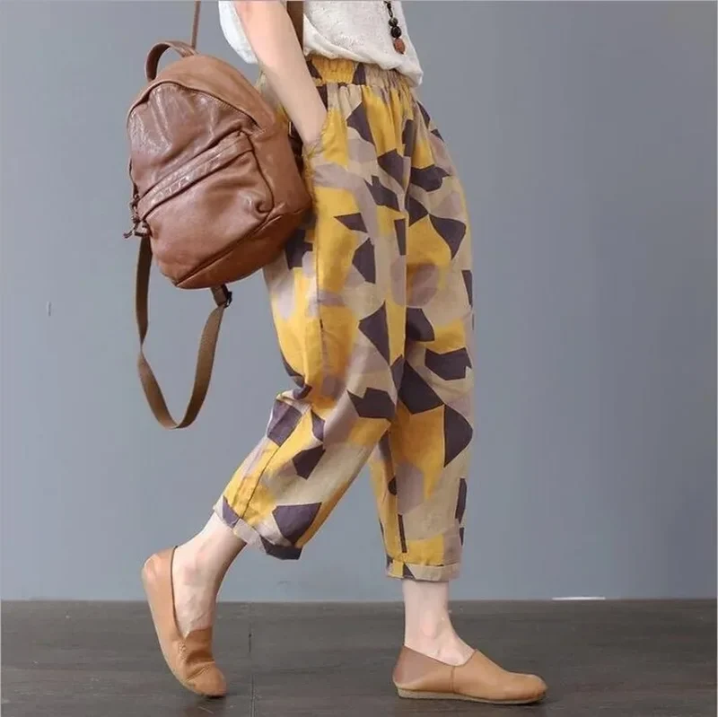 Plus Size Casual Linen Pants 2023 Women's Trousers Vintage Polka Dot Pantalon Female Elastic Waist Printed Turnip Harem Pants