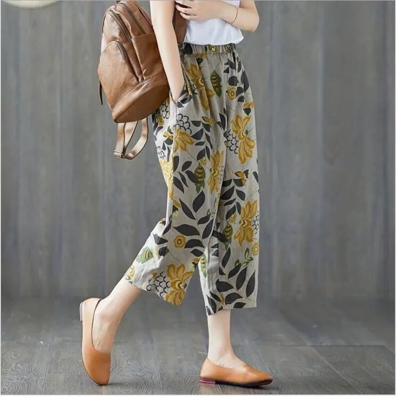 Plus Size Casual Linen Pants 2023 Women's Trousers Vintage Polka Dot Pantalon Female Elastic Waist Printed Turnip Harem Pants
