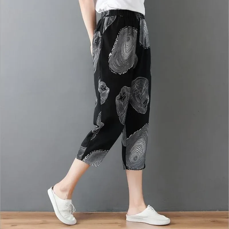 Plus Size Casual Linen Pants 2023 Women's Trousers Vintage Polka Dot Pantalon Female Elastic Waist Printed Turnip Harem Pants