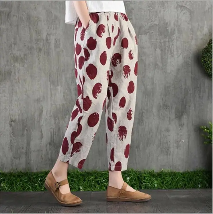 Plus Size Casual Linen Pants 2023 Women's Trousers Vintage Polka Dot Pantalon Female Elastic Waist Printed Turnip Harem Pants