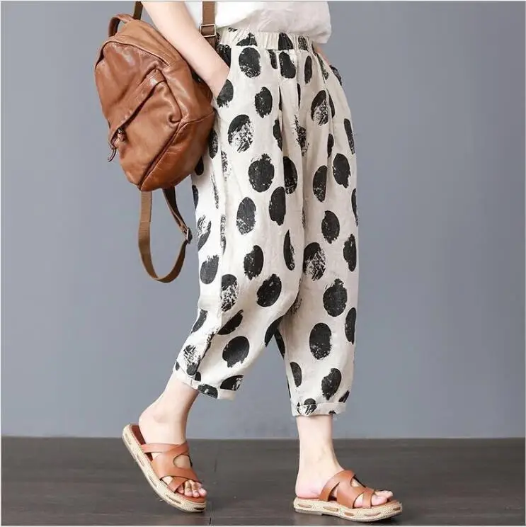 Plus Size Casual Linen Pants 2023 Women's Trousers Vintage Polka Dot Pantalon Female Elastic Waist Printed Turnip Harem Pants