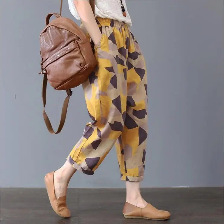 Plus Size Casual Linen Pants 2023 Women's Trousers Vintage Polka Dot Pantalon Female Elastic Waist Printed Turnip Harem Pants