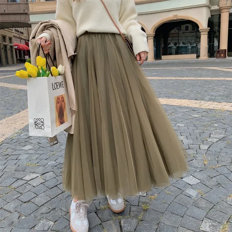 TingYiLi Elegant Tulle Skirt Autumn Winter Big Swing Women Skirt Korean Cute Pink Green Gray Blue Brown Black Long Skirt Tutu