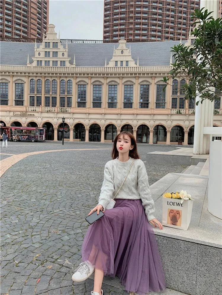 TingYiLi Elegant Tulle Skirt Autumn Winter Big Swing Women Skirt Korean Cute Pink Green Gray Blue Brown Black Long Skirt Tutu